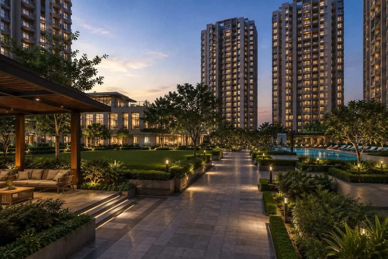 Residential facade at dusk
